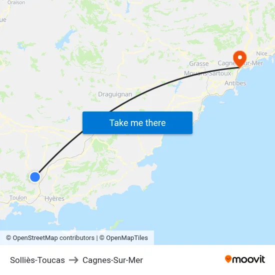 Solliès-Toucas to Cagnes-Sur-Mer map