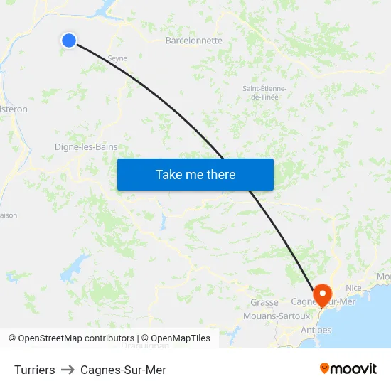 Turriers to Cagnes-Sur-Mer map