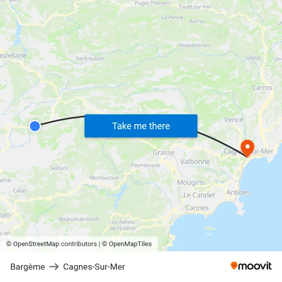 Bargème to Cagnes-Sur-Mer map