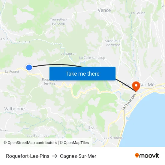 Roquefort-Les-Pins to Cagnes-Sur-Mer map