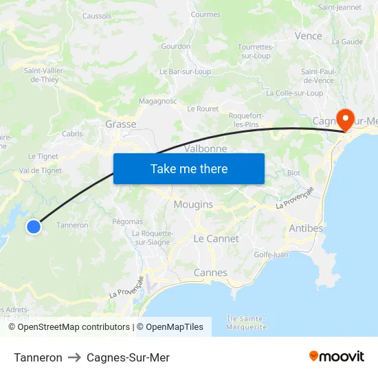 Tanneron to Cagnes-Sur-Mer map