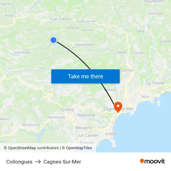 Collongues to Cagnes-Sur-Mer map