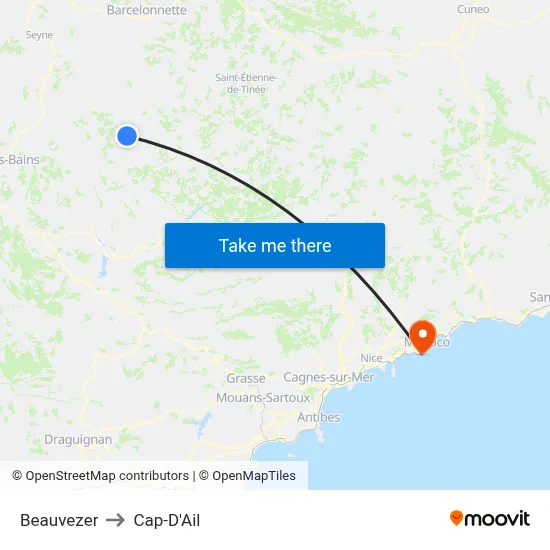 Beauvezer to Cap-D'Ail map