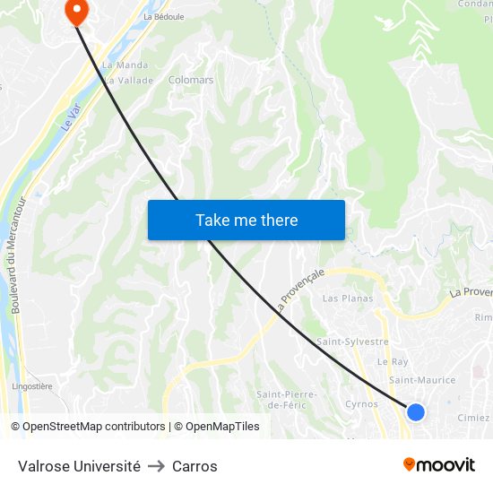 Valrose Université to Carros map