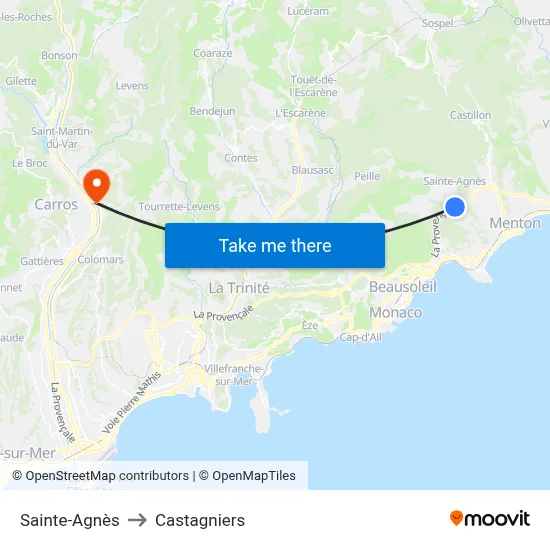 Sainte-Agnès to Castagniers map
