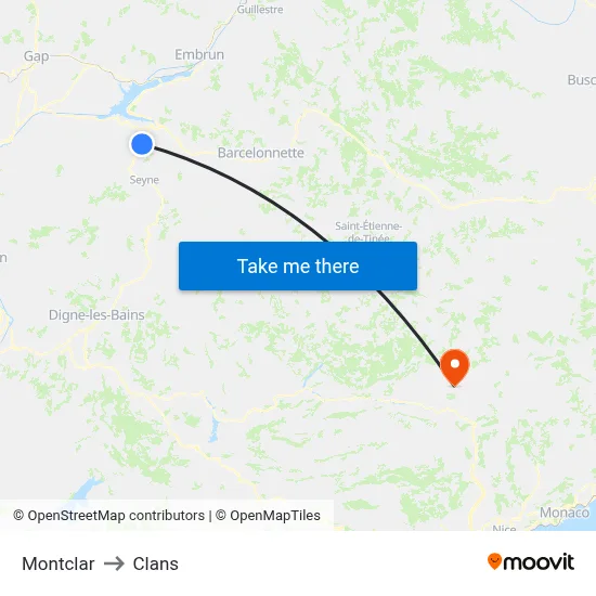 Montclar to Clans map
