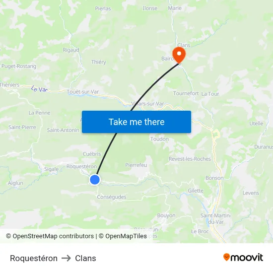 Roquestéron to Clans map