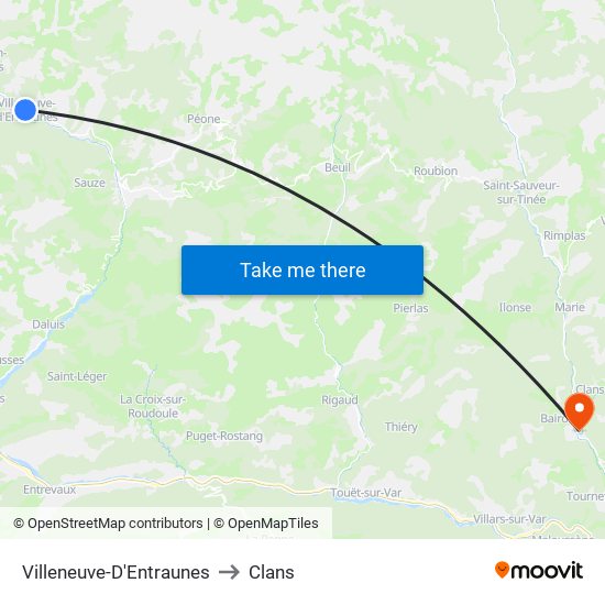 Villeneuve-D'Entraunes to Clans map