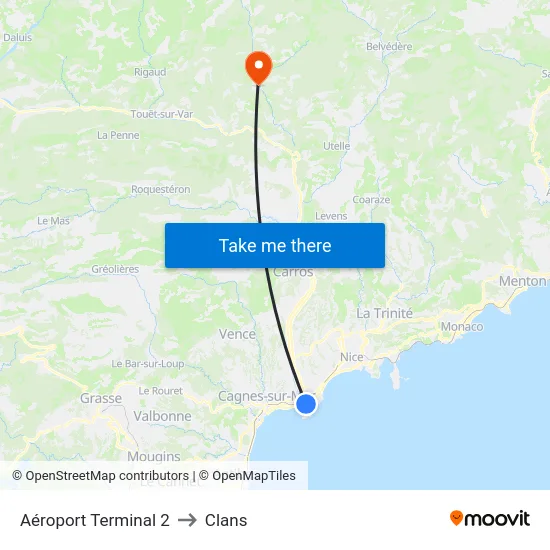 Aéroport Terminal 2 to Clans map