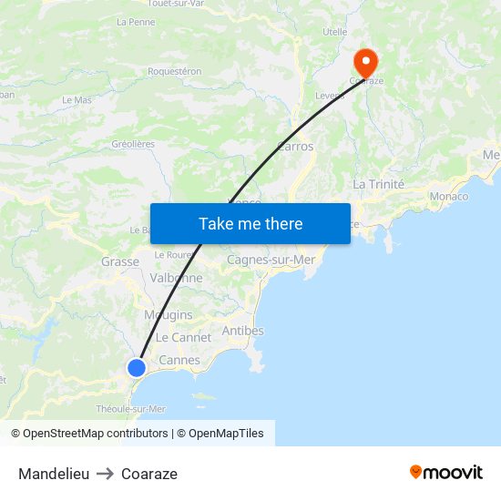 Mandelieu to Coaraze map
