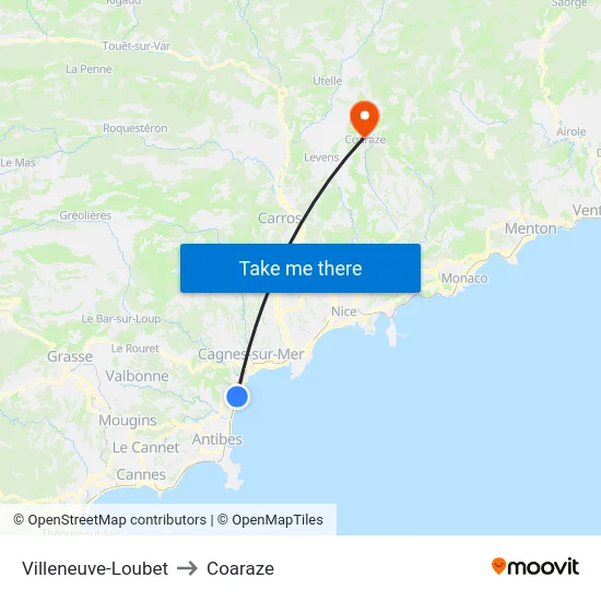 Villeneuve-Loubet to Coaraze map