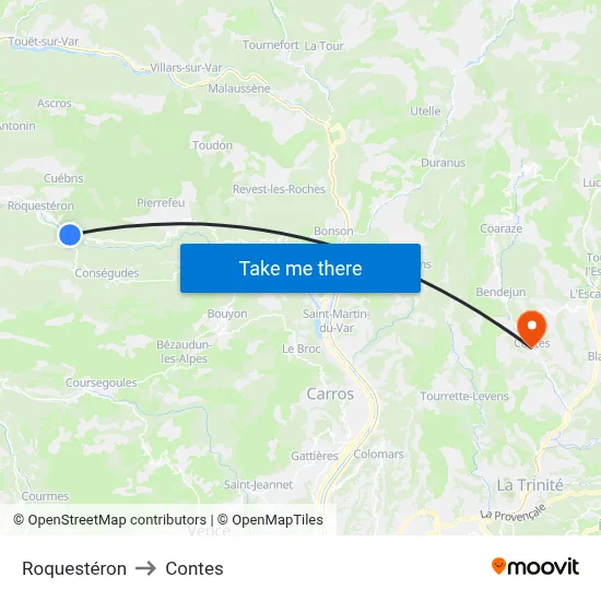 Roquestéron to Contes map