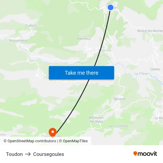 Toudon to Coursegoules map