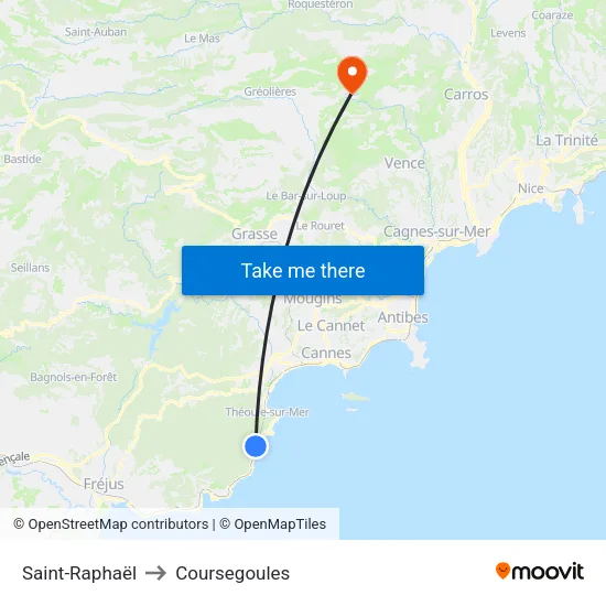 Saint-Raphaël to Coursegoules map