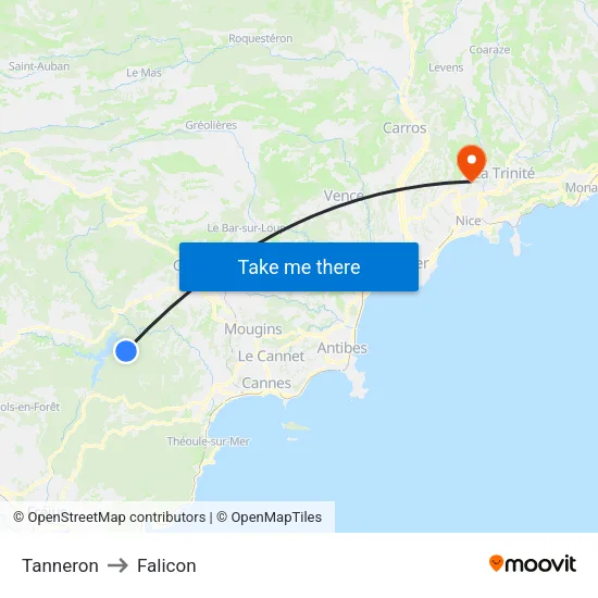 Tanneron to Falicon map