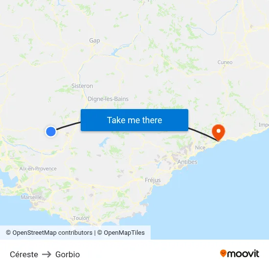 Céreste to Gorbio map