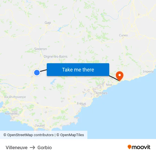 Villeneuve to Gorbio map