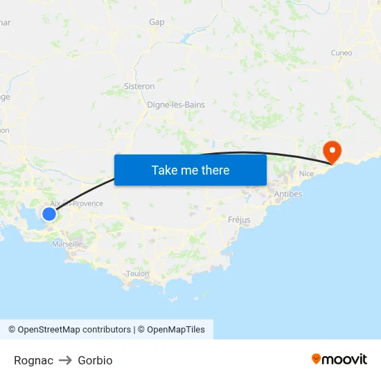 Rognac to Gorbio map