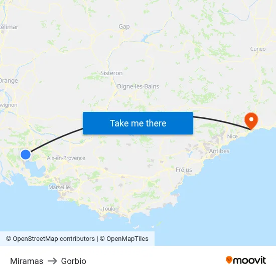 Miramas to Gorbio map