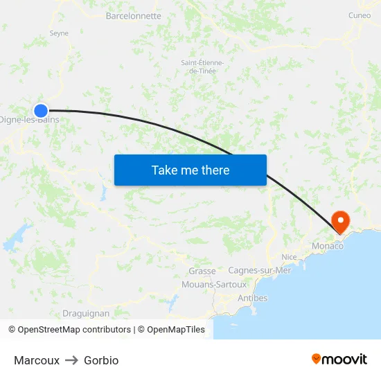 Marcoux to Gorbio map