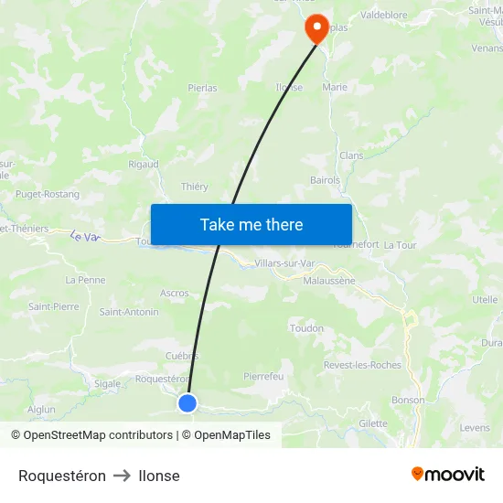 Roquestéron to Ilonse map