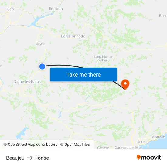 Beaujeu to Ilonse map