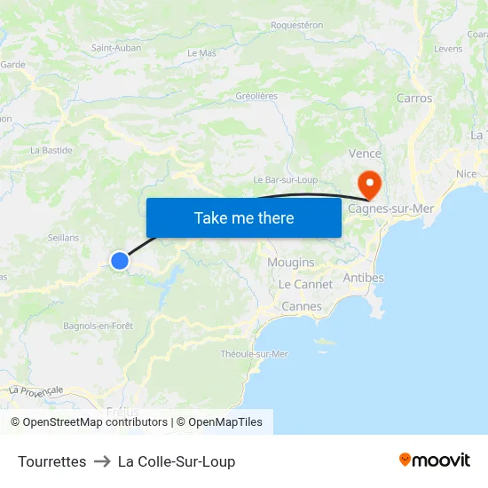 Tourrettes to La Colle-Sur-Loup map
