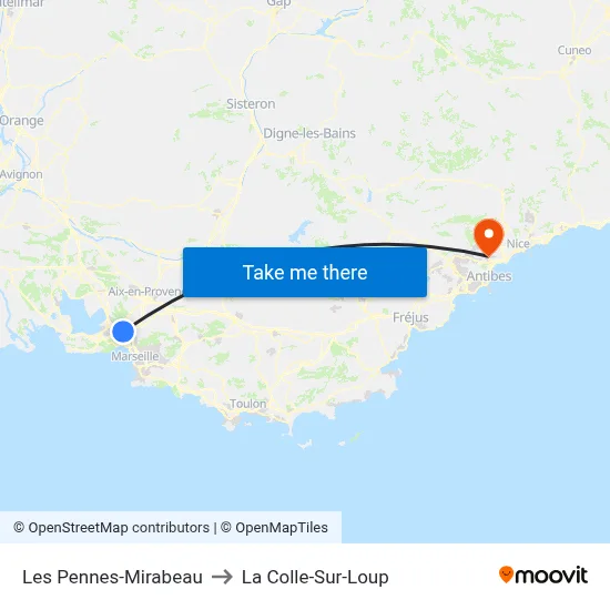 Les Pennes-Mirabeau to La Colle-Sur-Loup map