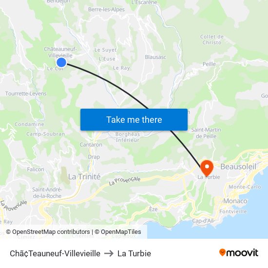 Chã¢Teauneuf-Villevieille to La Turbie map