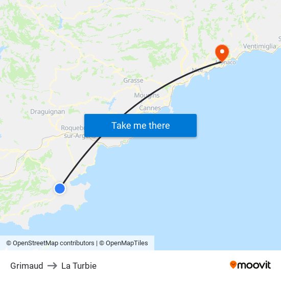 Grimaud to La Turbie map