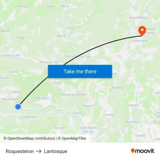 Roquestéron to Lantosque map