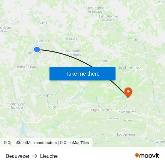 Beauvezer to Lieuche map