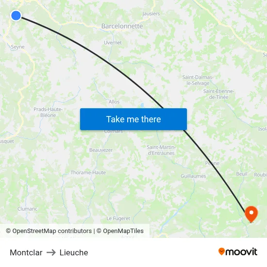 Montclar to Lieuche map