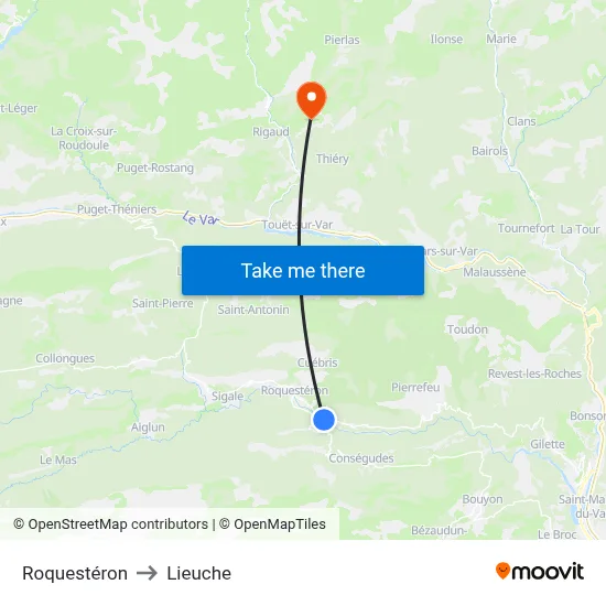Roquestéron to Lieuche map