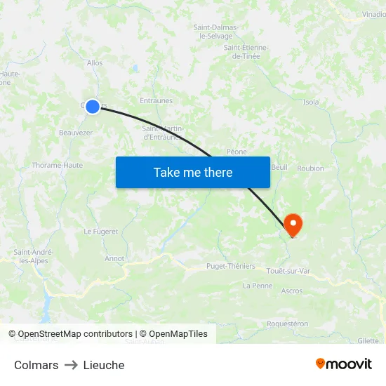 Colmars to Lieuche map