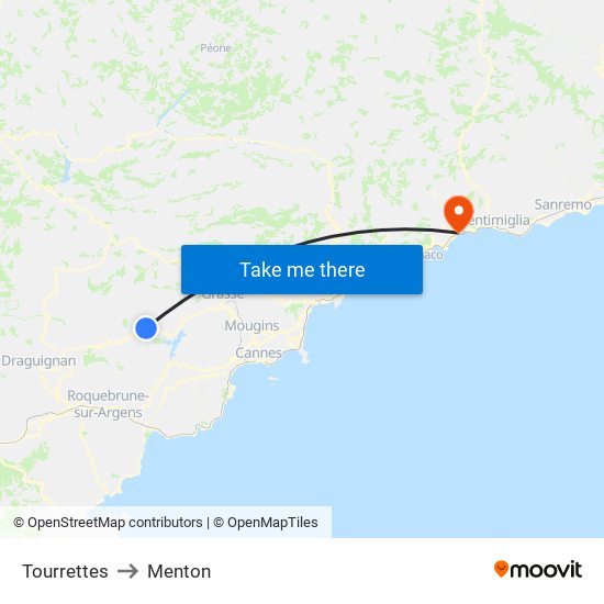 Tourrettes to Menton map