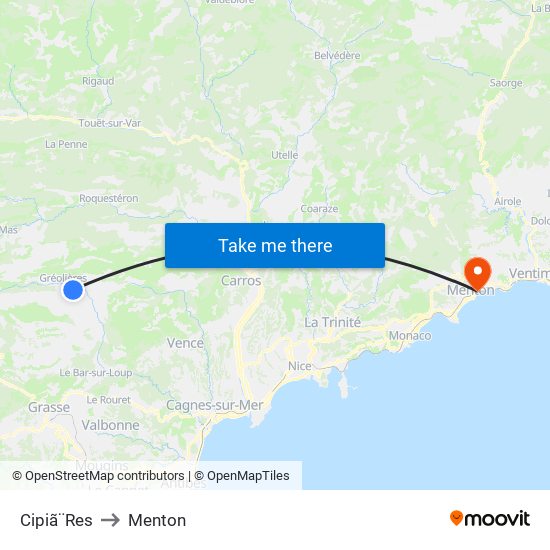 Cipiã¨Res to Menton map