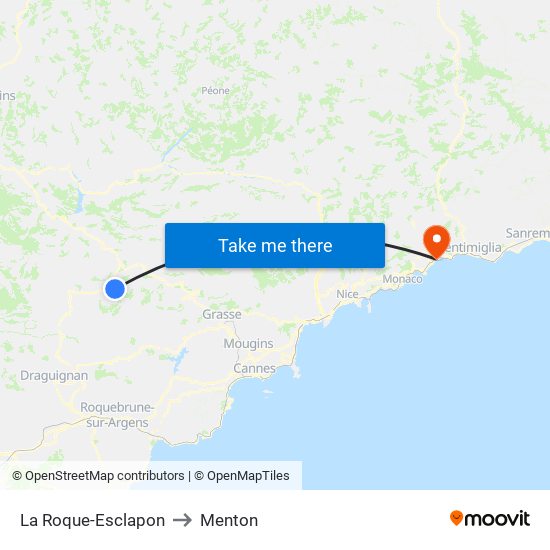 La Roque-Esclapon to Menton map