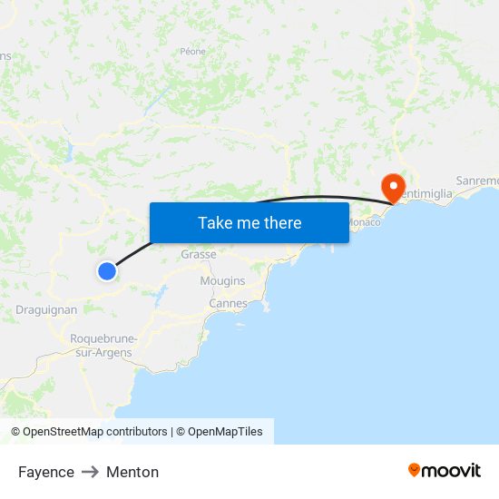 Fayence to Menton map