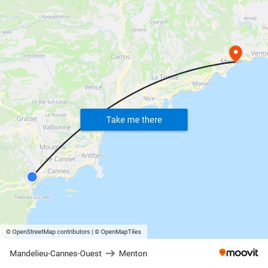 Mandelieu-Cannes-Ouest to Menton map