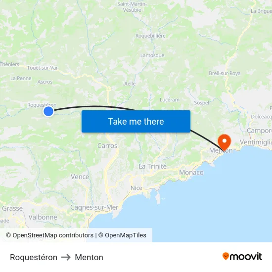 Roquestéron to Menton map