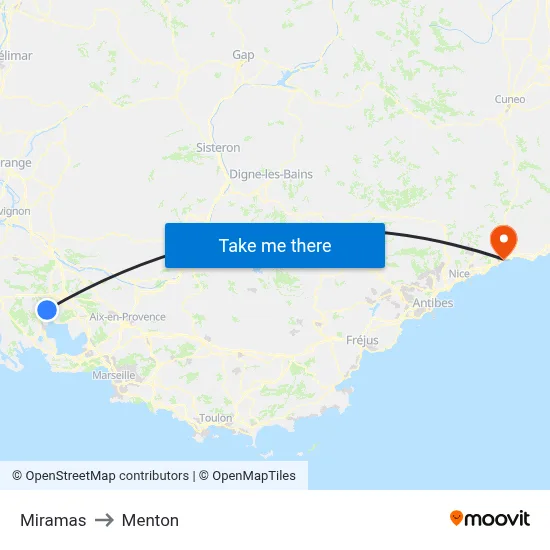 Miramas to Menton map