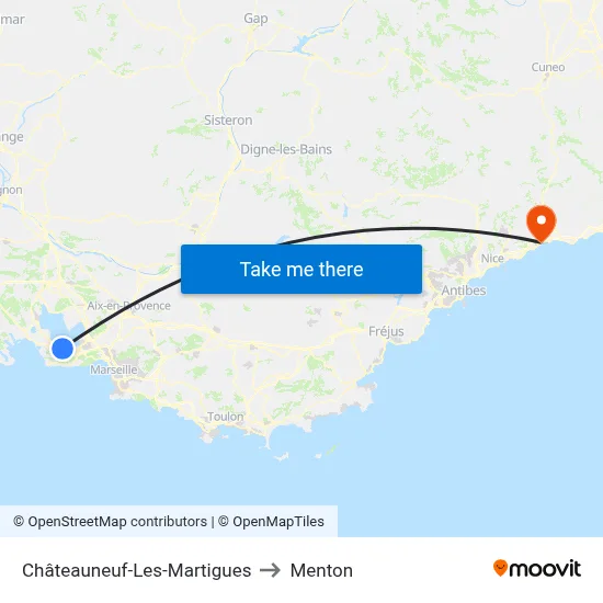 Châteauneuf-Les-Martigues to Menton map