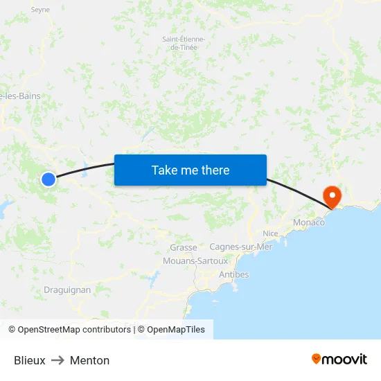 Blieux to Menton map