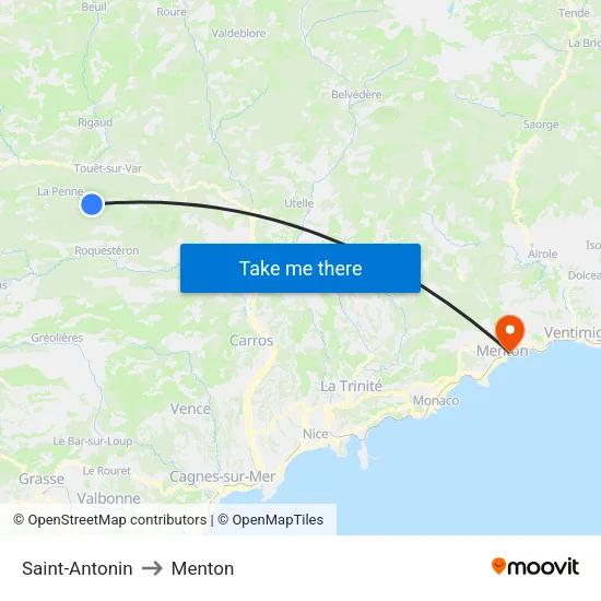 Saint-Antonin to Menton map