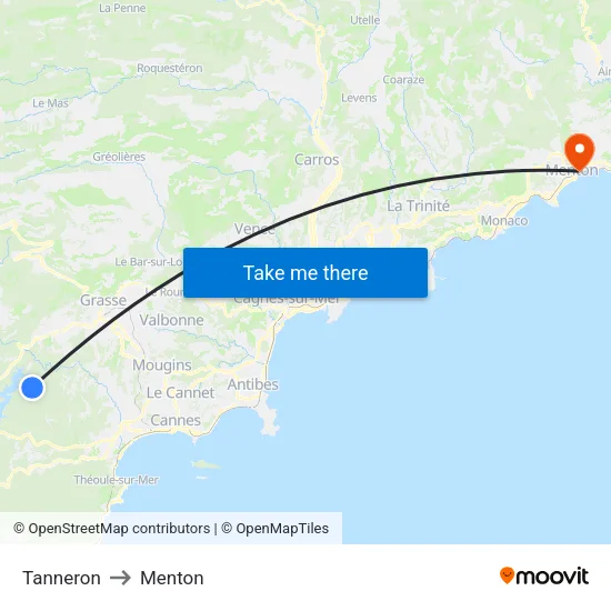 Tanneron to Menton map