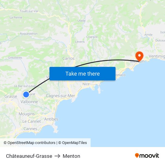 Châteauneuf-Grasse to Menton map