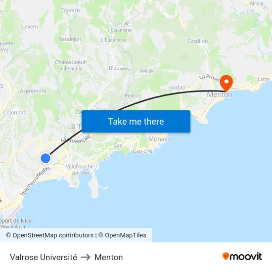 Valrose Université to Menton map