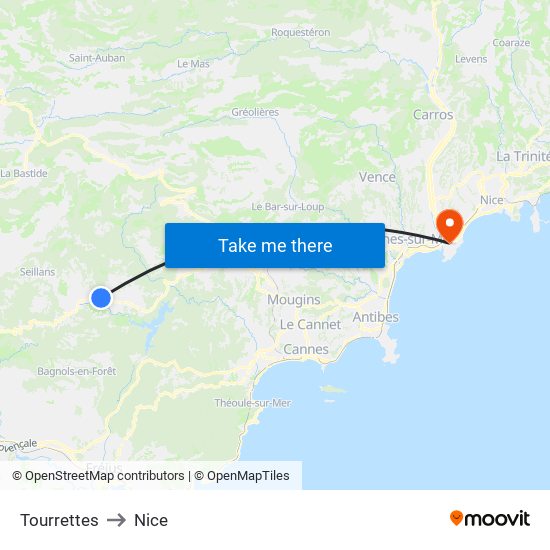Tourrettes to Nice map