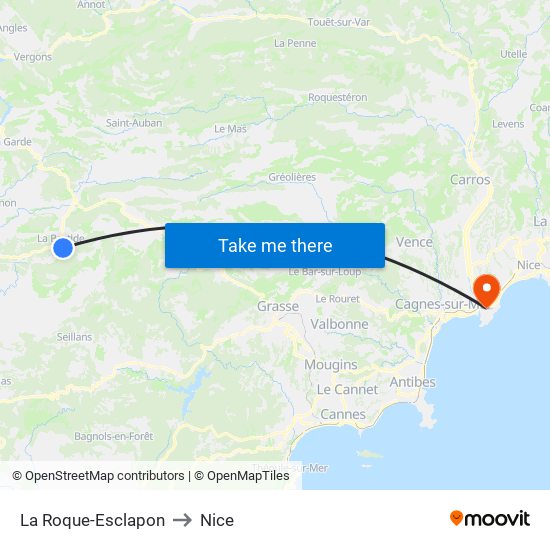 La Roque-Esclapon to Nice map